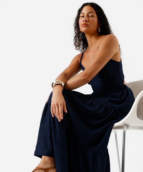 vestido midi alça fina feminino de laise com recortes azul