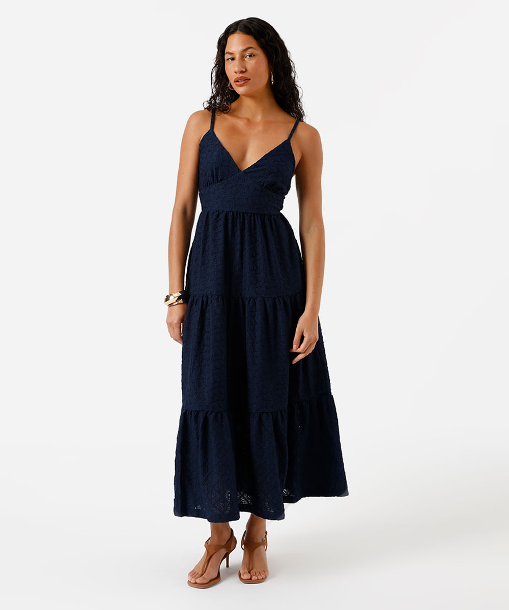 vestido midi alça fina feminino de laise com recortes azul