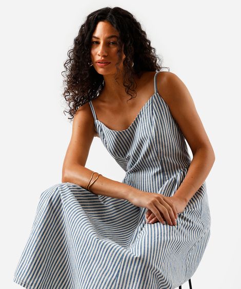 vestido midi alça fina feminino de sarja franzido listrado azul