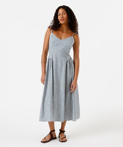 vestido midi alça fina feminino de sarja franzido listrado azul