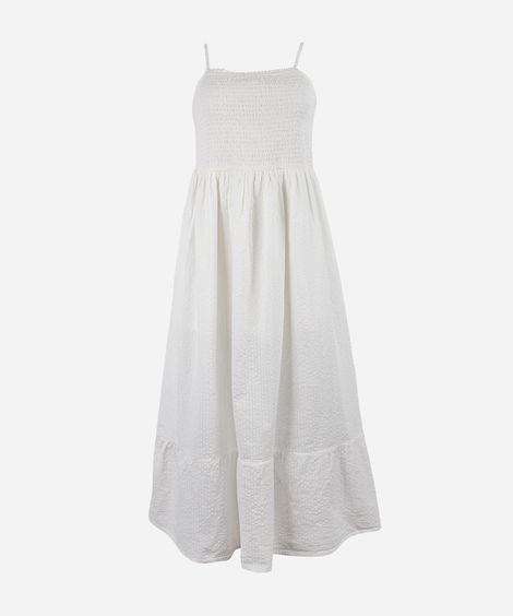vestido midi juvenil de algodão com recorte texturizado off white