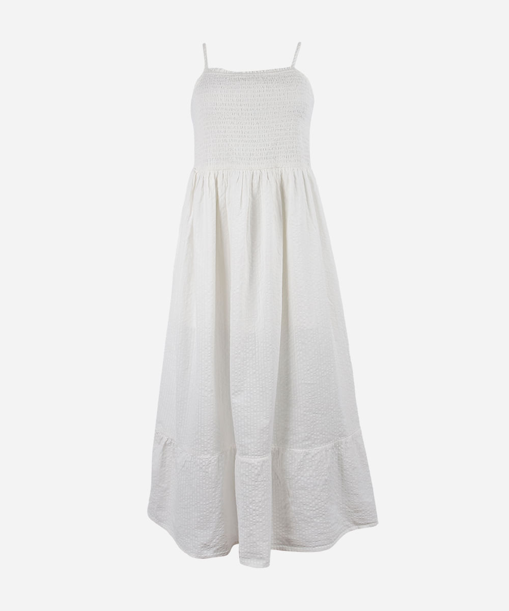 vestido midi juvenil de algodão com recorte texturizado off white
