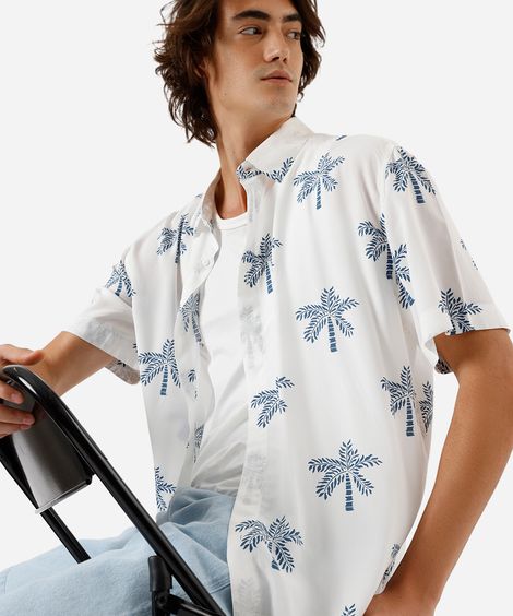camisa masculina de viscose folhagens off white