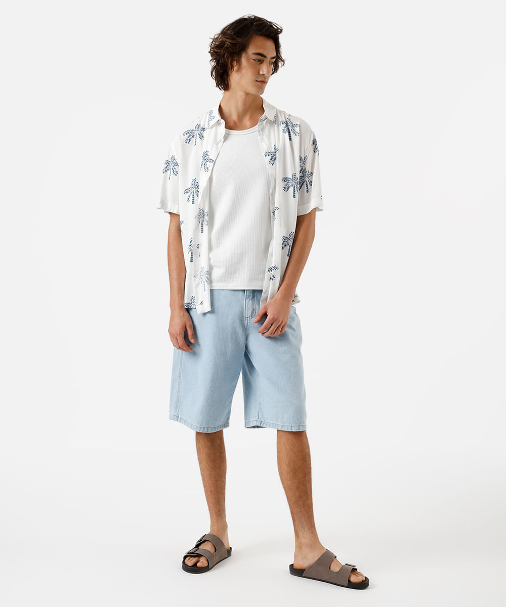 camisa masculina de viscose folhagens off white