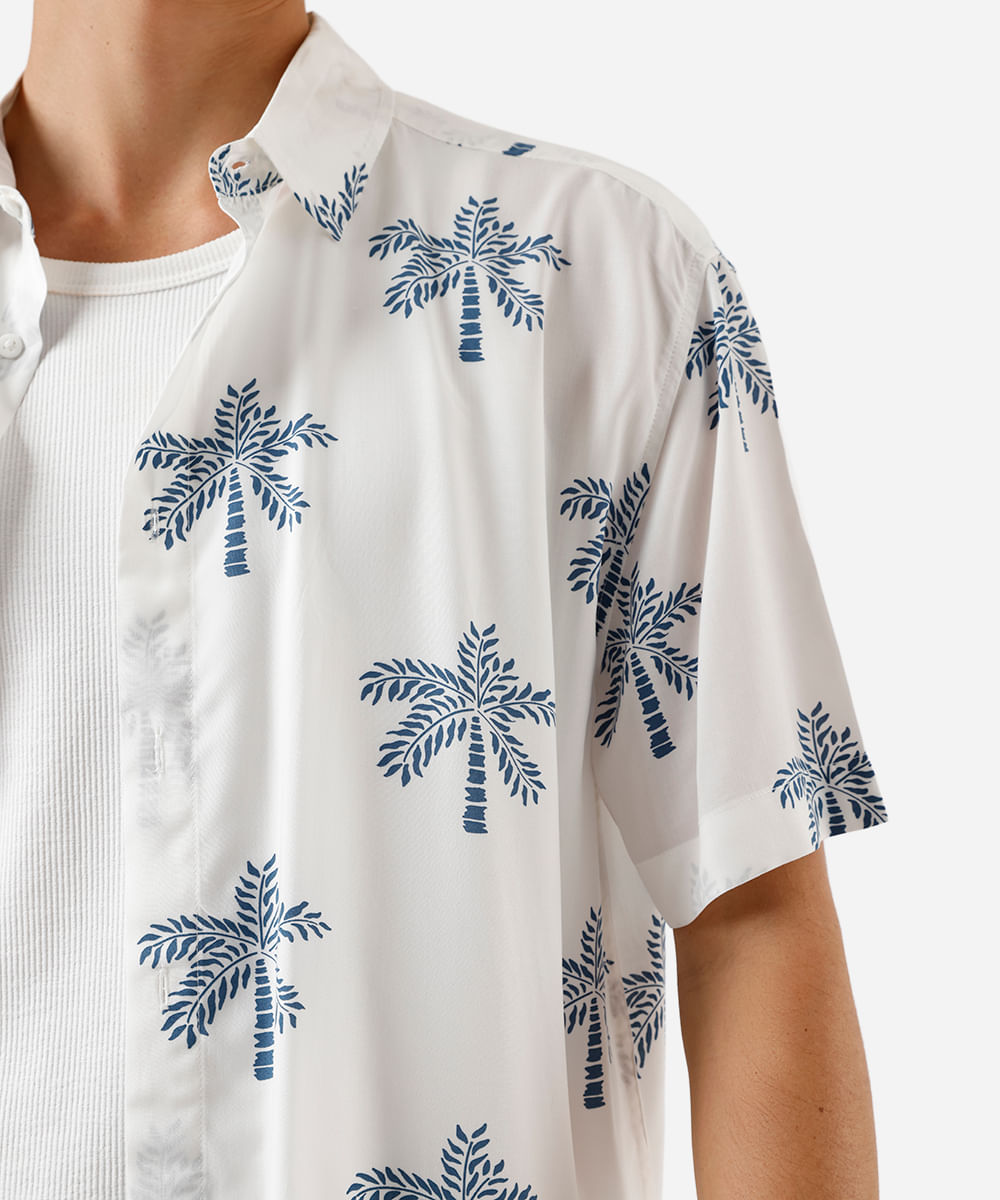 camisa masculina de viscose folhagens off white