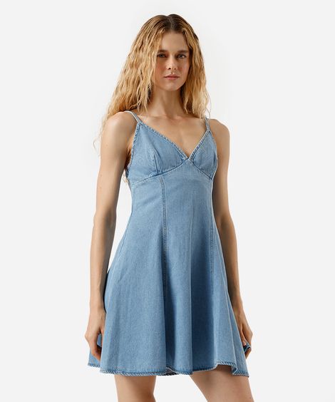 vestido curto alça fina evasê  feminino jeans com recortes azul