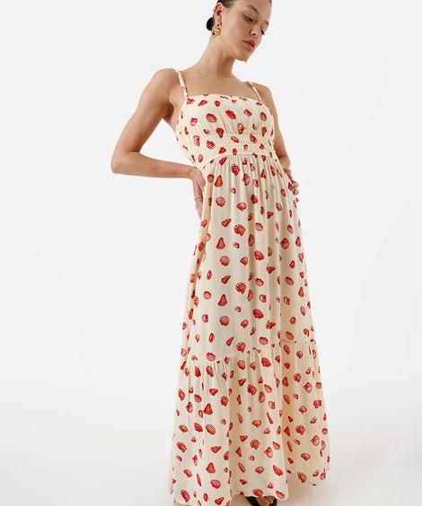 vestido longo alça fina feminino de viscose com lurex e recorte estampado bege