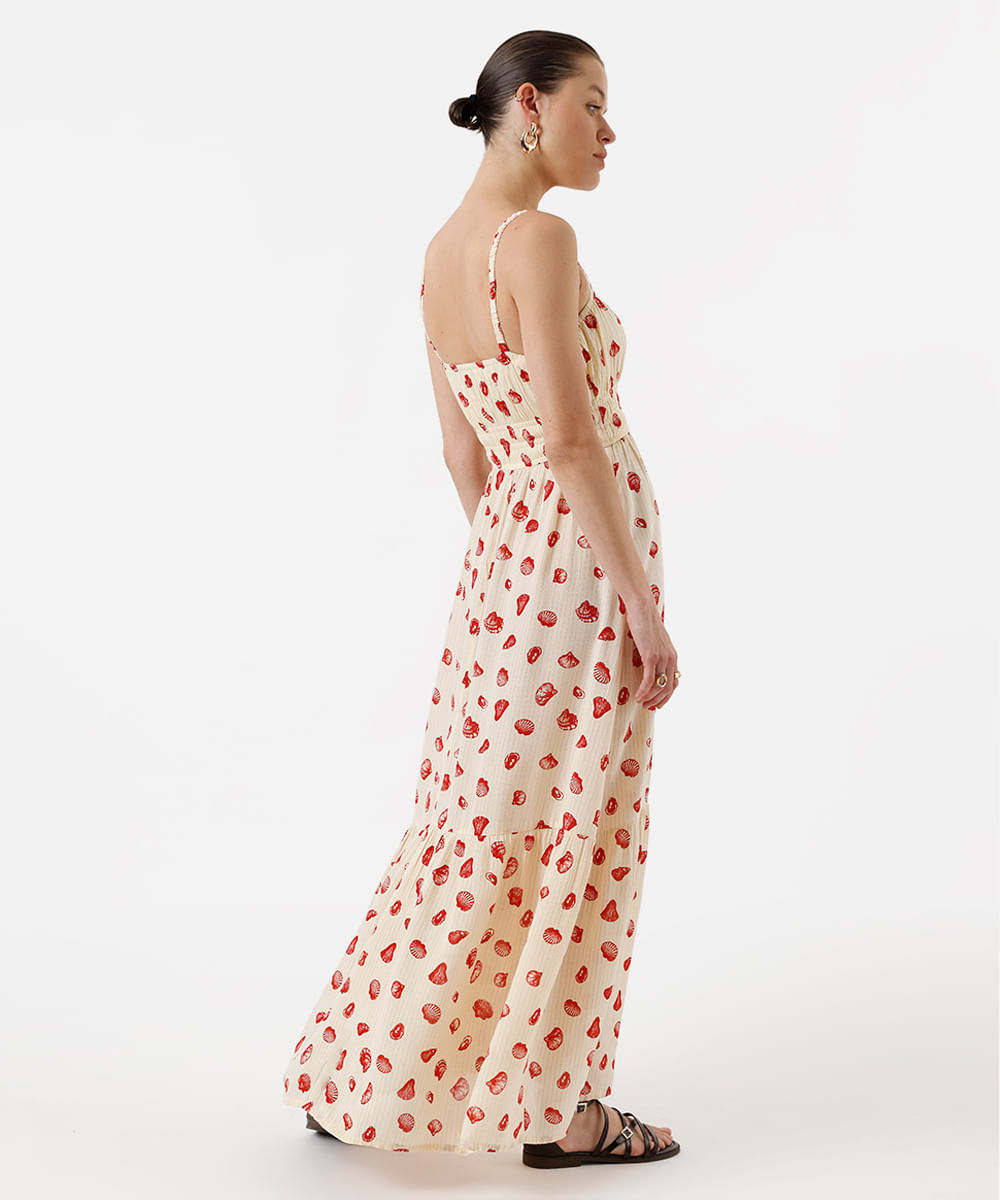 vestido longo alça fina feminino de viscose com lurex e recorte estampado bege