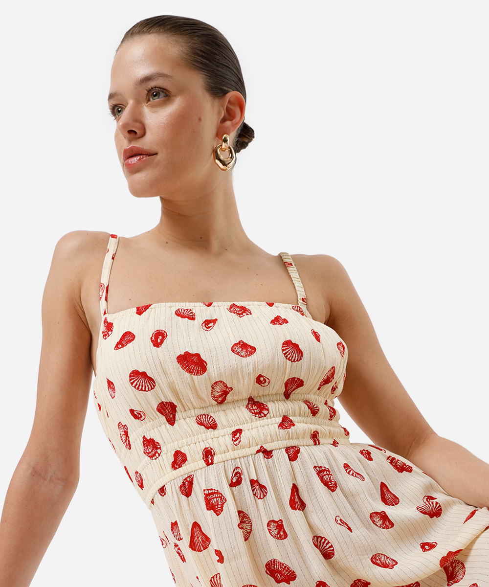 vestido longo alça fina feminino de viscose com lurex e recorte estampado bege