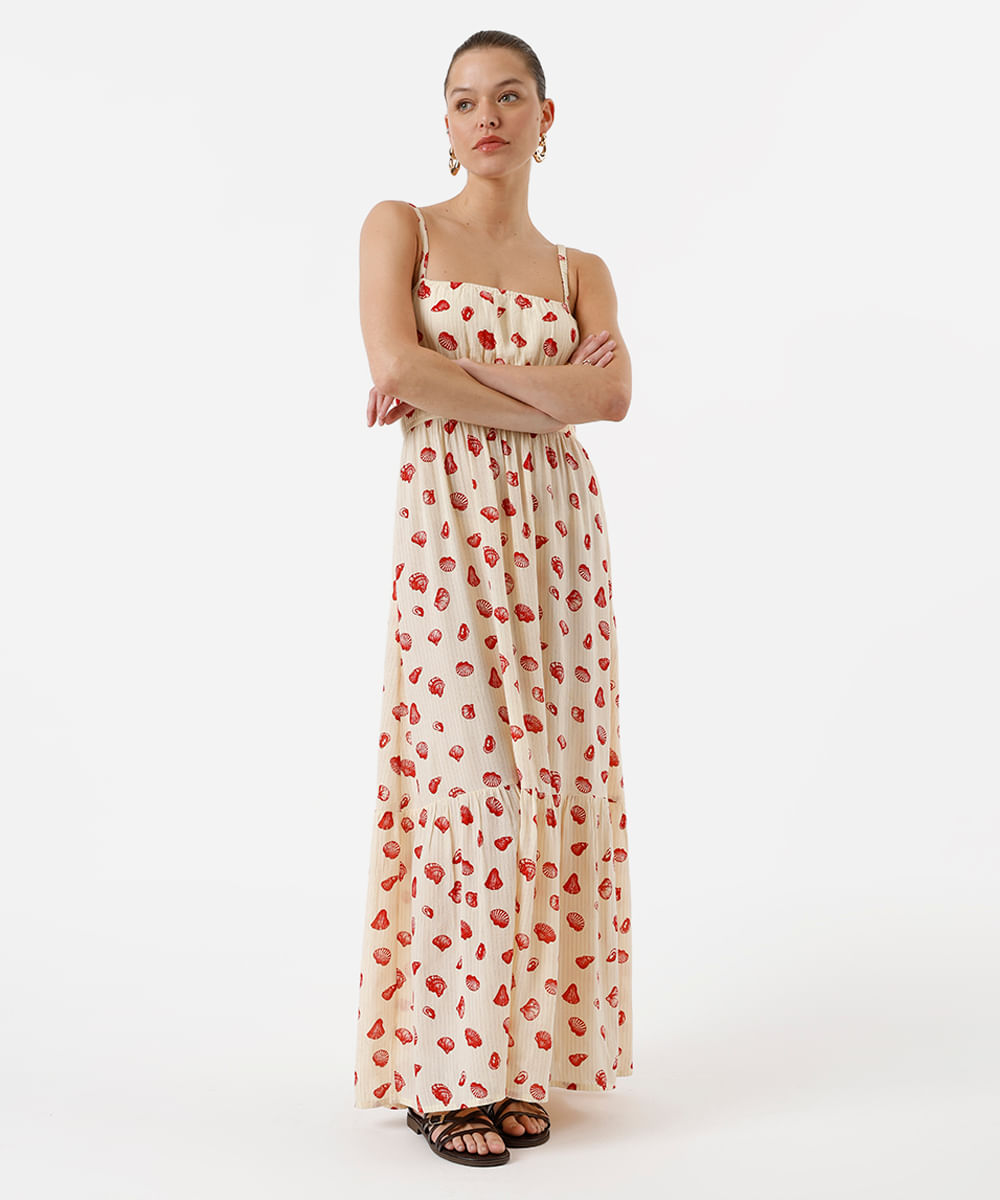 vestido longo alça fina feminino de viscose com lurex e recorte estampado bege