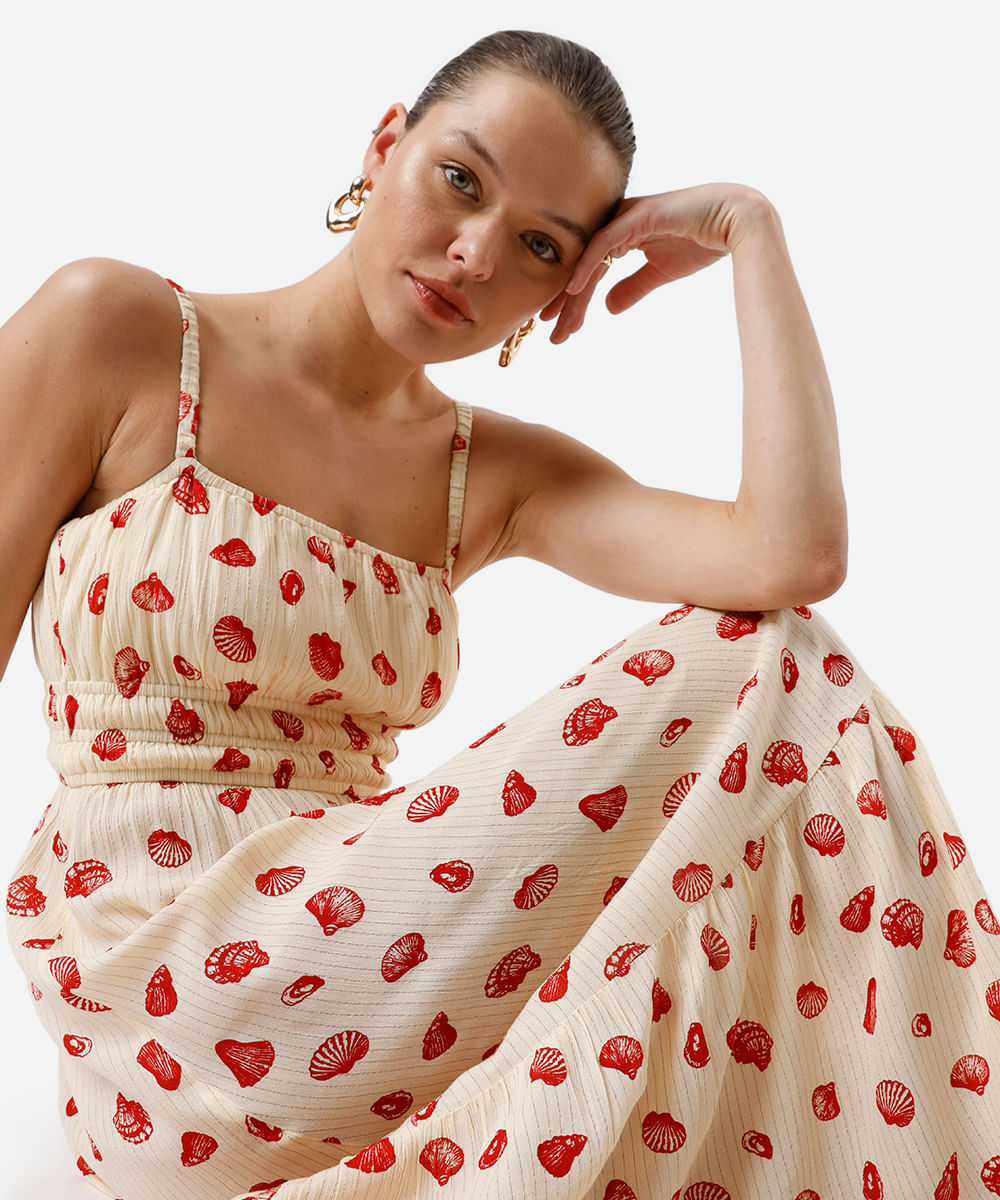 vestido longo alça fina feminino de viscose com lurex e recorte estampado bege