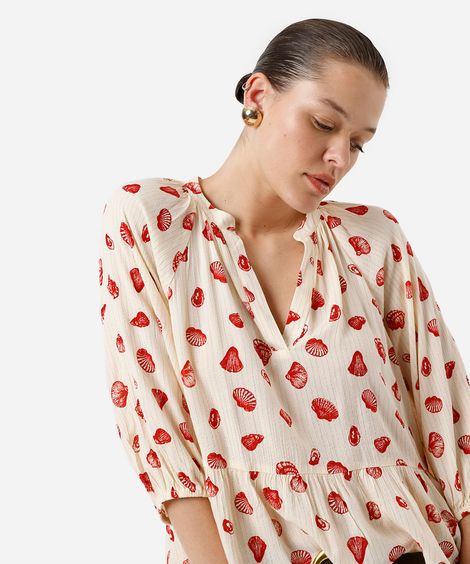 bata feminina de viscose com recorte e lurex estampada bege