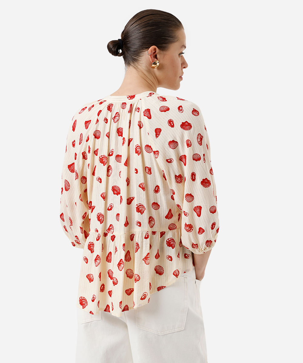 bata feminina de viscose com recorte e lurex estampada bege
