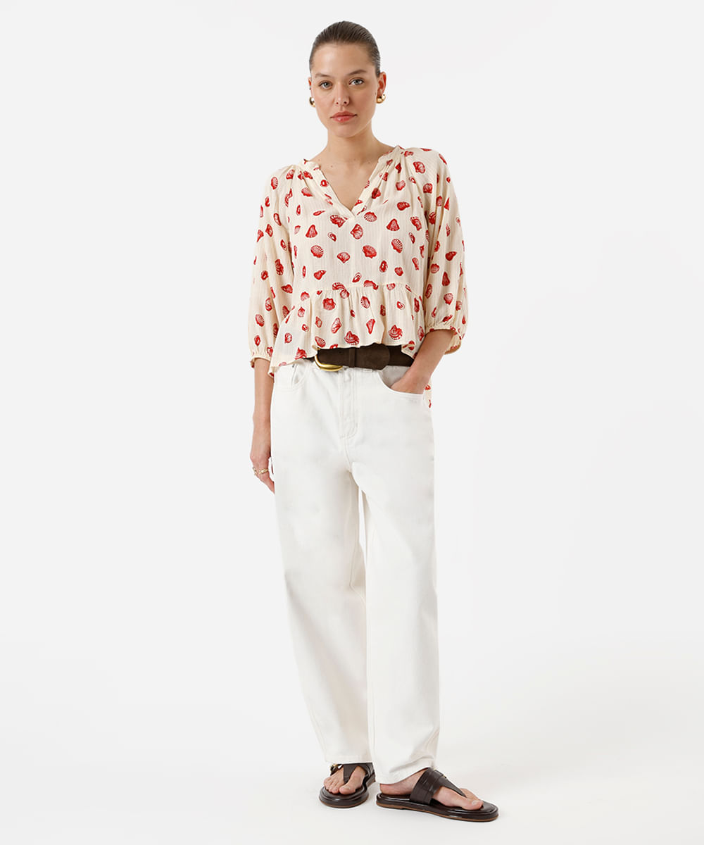bata feminina de viscose com recorte e lurex estampada bege