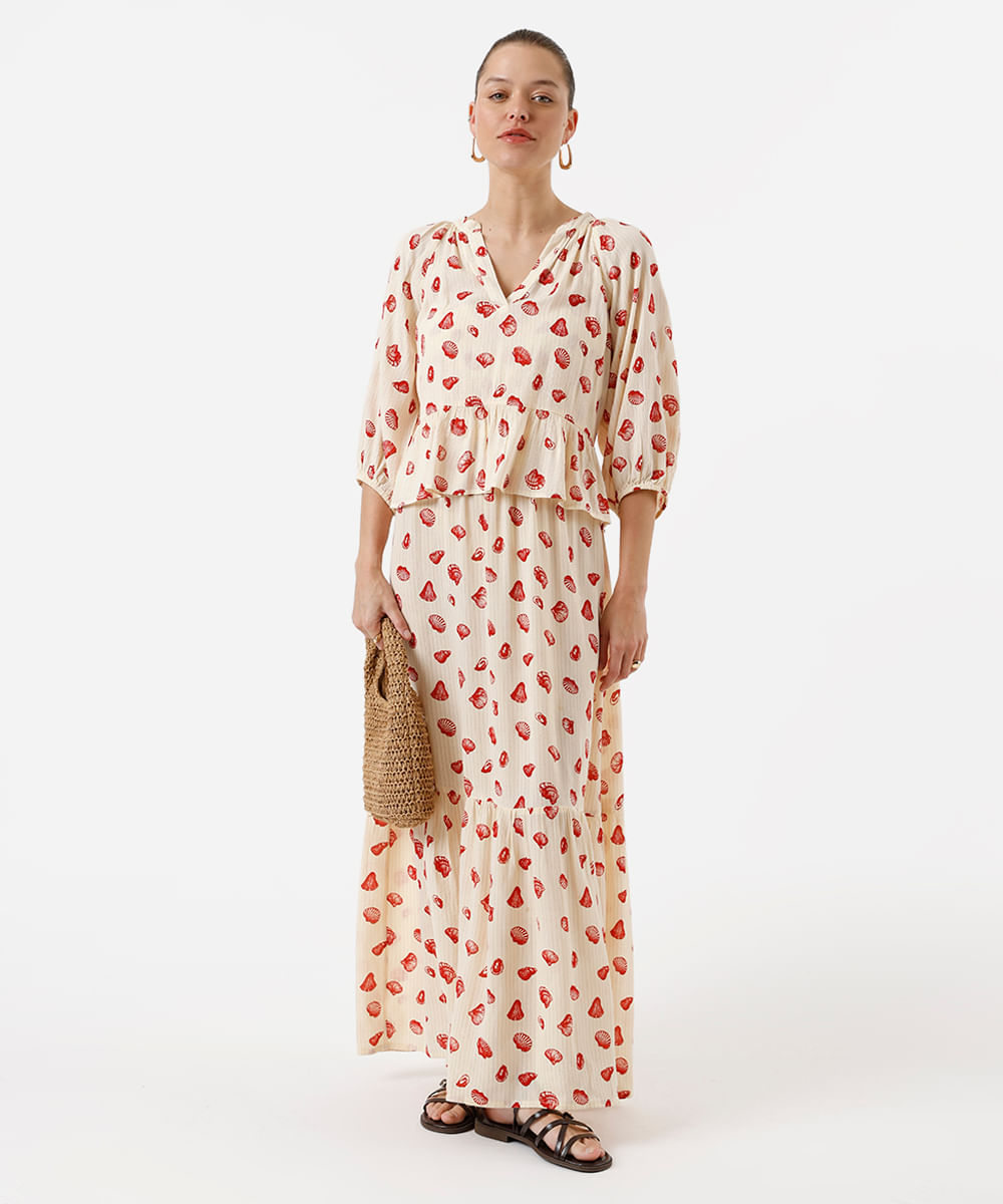 bata feminina de viscose com recorte e lurex estampada bege