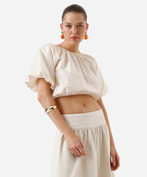 cropped feminino de algodão manga bufante franzido amarelo