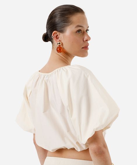 cropped feminino de algodão manga bufante franzido amarelo
