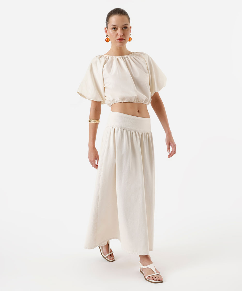 cropped feminino de algodão manga bufante franzido amarelo
