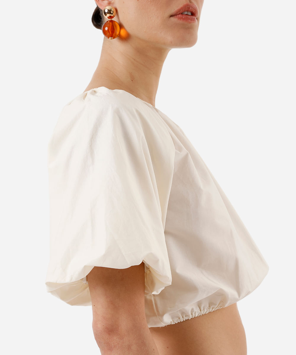 cropped feminino de algodão manga bufante franzido amarelo