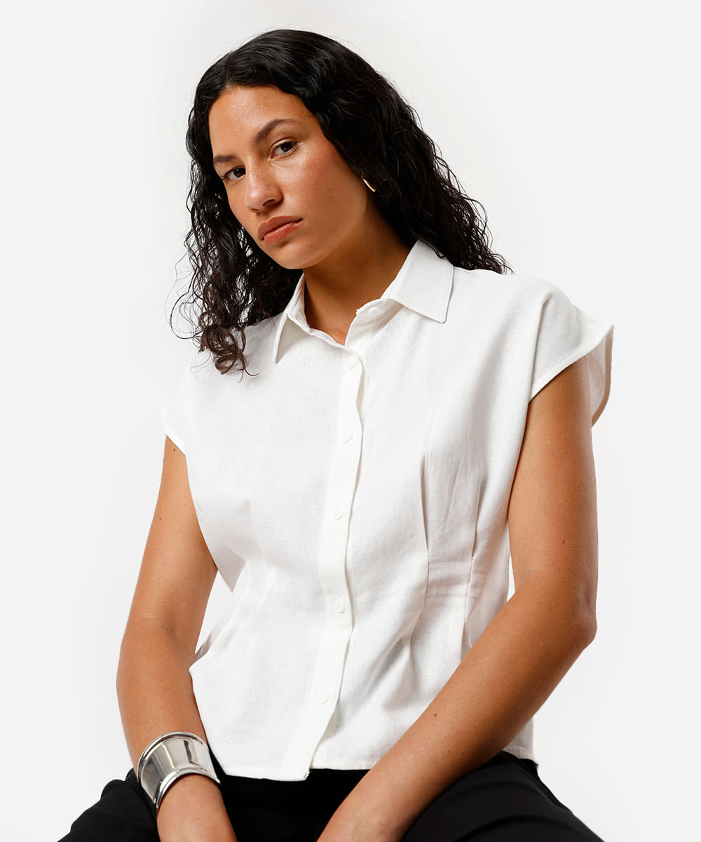 camisa feminina com linho e pregas off white