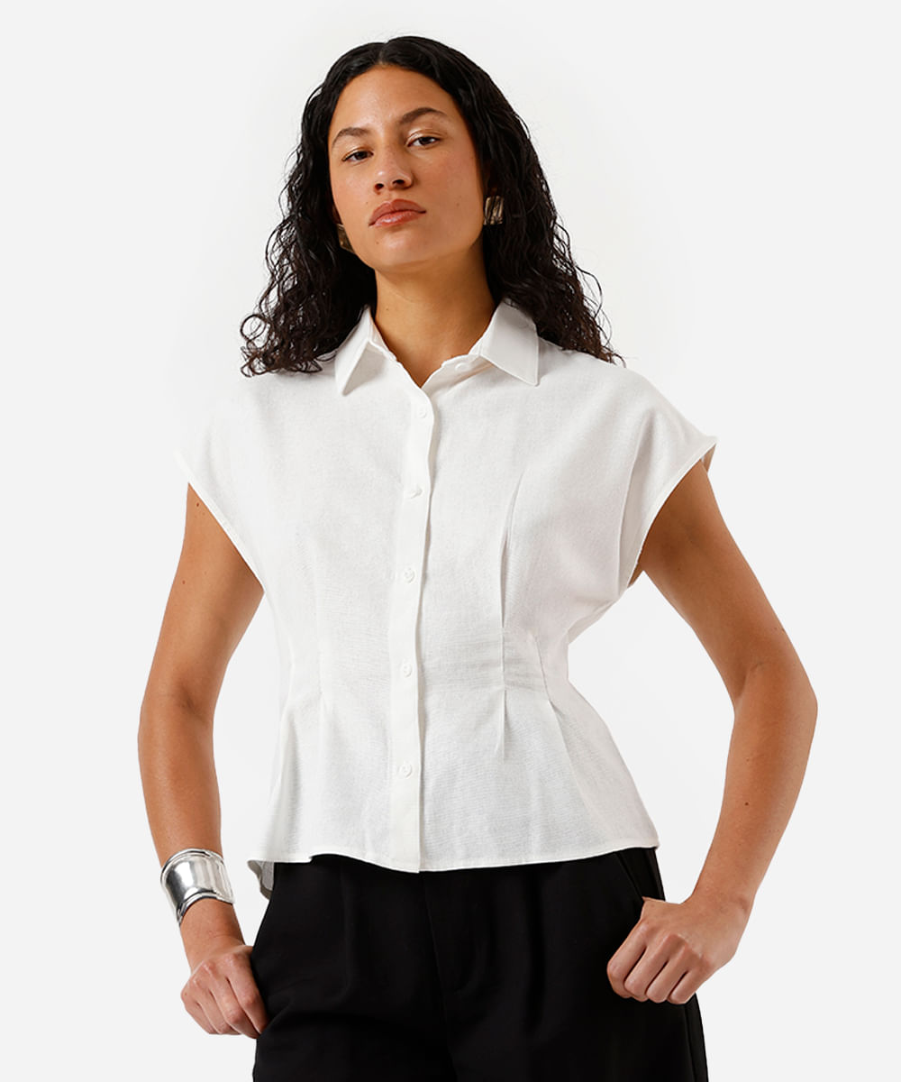 camisa feminina com linho e pregas off white