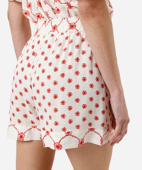 short feminino com linho cós elástico floral off white