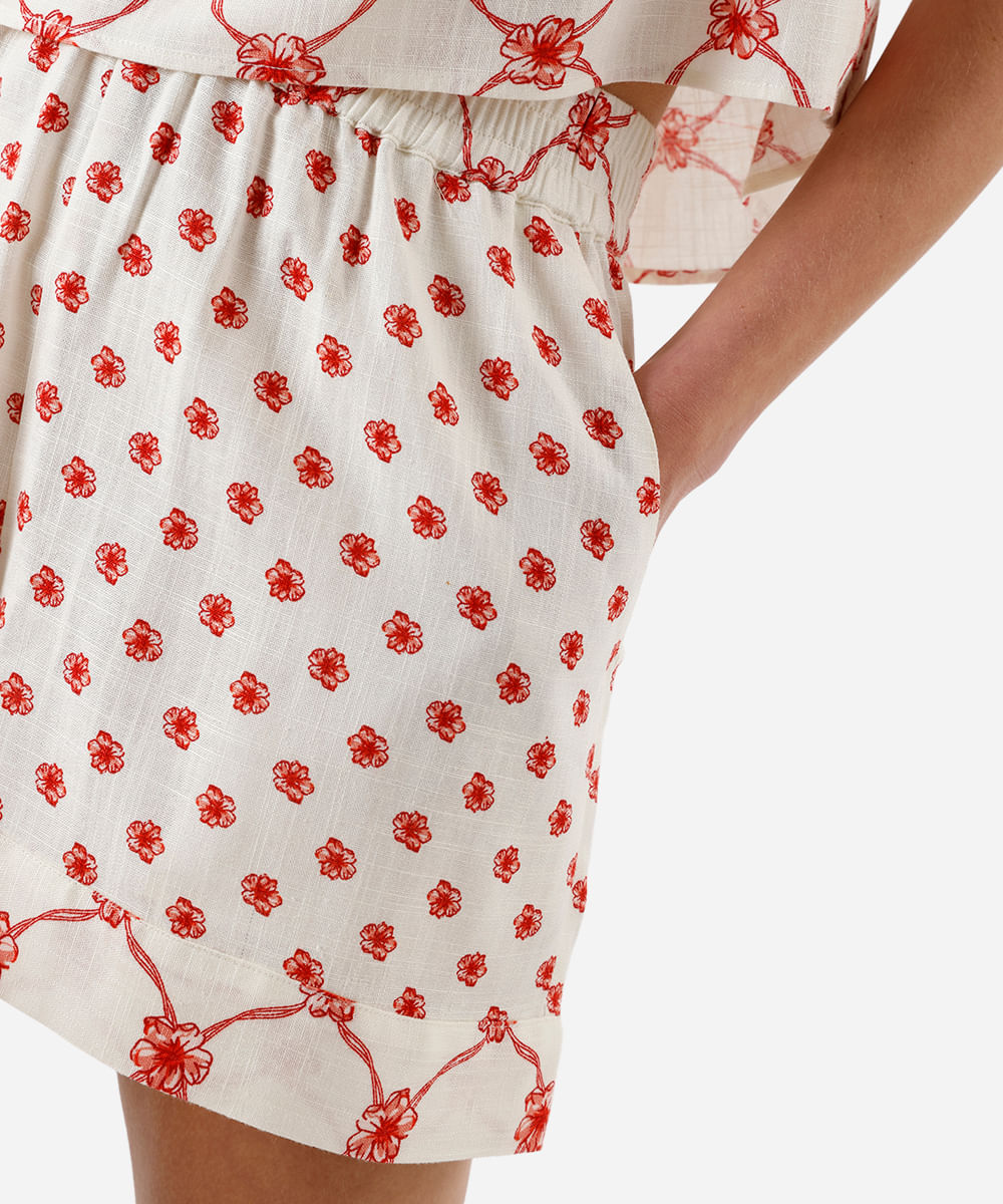 short feminino com linho cós elástico floral off white