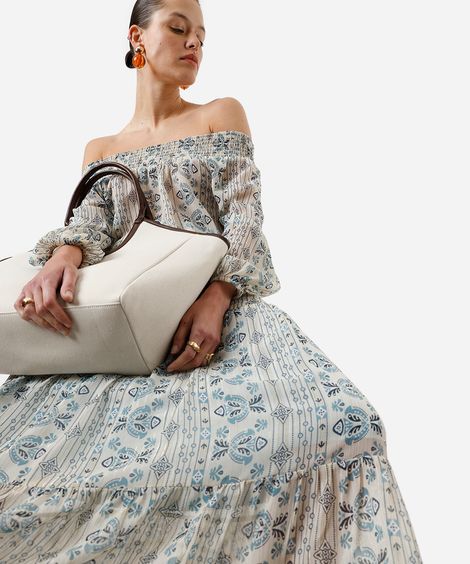 saia longa feminina com recortes étnica bege