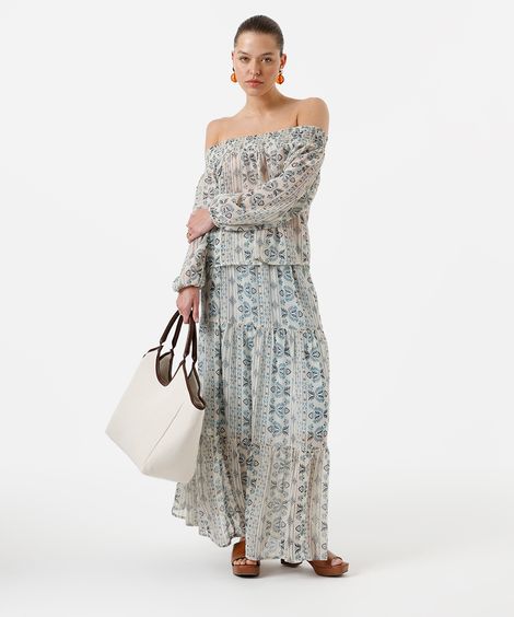 saia longa feminina com recortes étnica bege