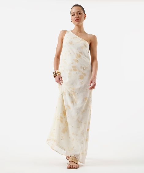 vestido longo ombro único feminino bordado texturizado bege