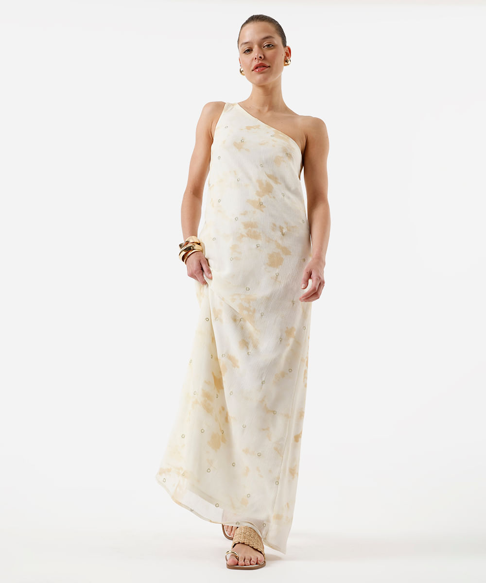 vestido longo ombro único feminino bordado texturizado bege