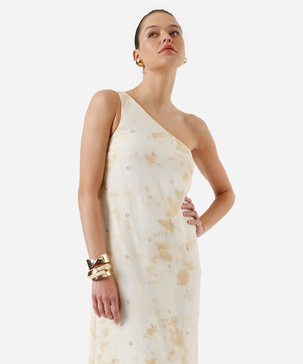 vestido longo ombro único feminino bordado texturizado bege