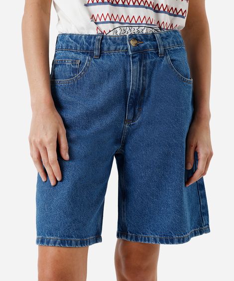 bermuda reta feminina jeans cintura alta azul