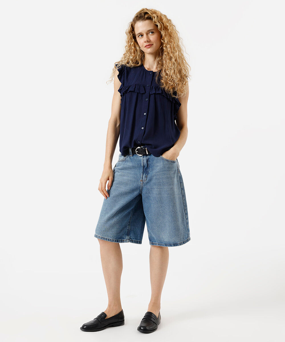 blusa feminina de viscose com babados texturizada azul