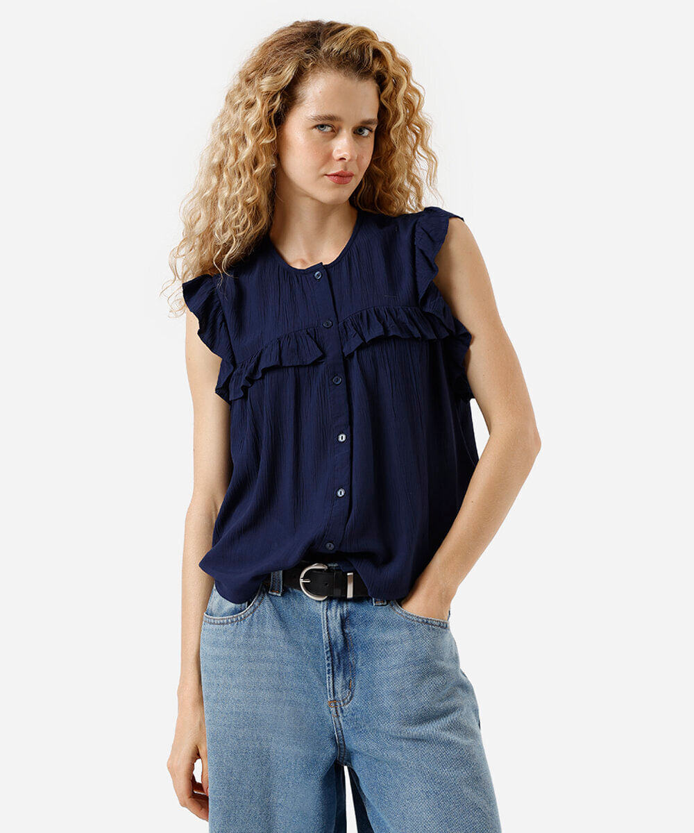 blusa feminina de viscose com babados texturizada azul