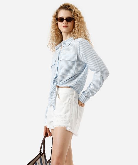 camisa feminina manga longa amarração listrada azul