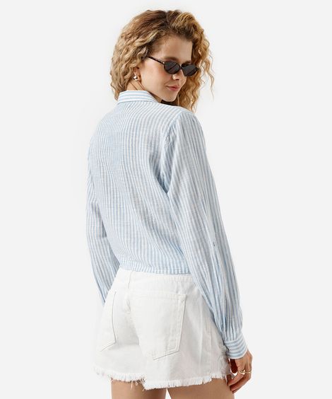 camisa feminina manga longa amarração listrada azul