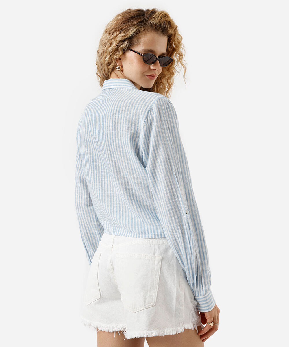 camisa feminina manga longa amarração listrada azul