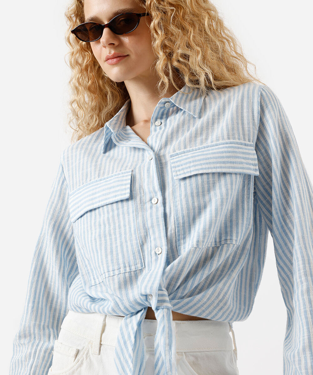 camisa feminina manga longa amarração listrada azul