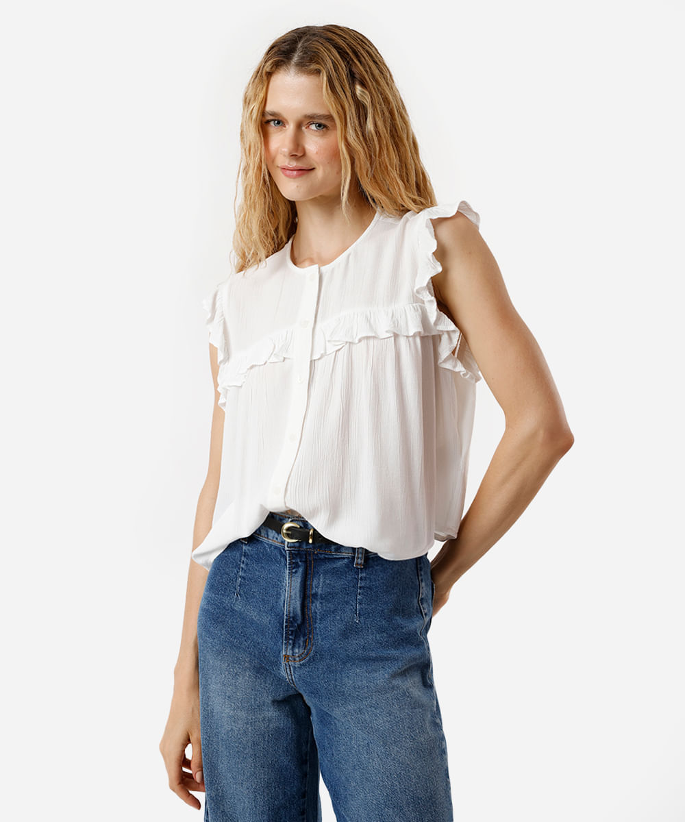 blusa feminina de viscose com babados texturizada off white