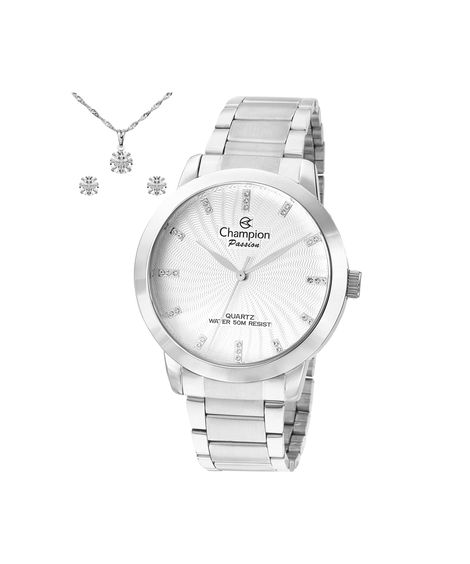 kit relógio feminino champion analógico cn29276d prateado