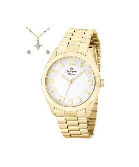 kit relógio feminino champion analógico cn25216w dourado