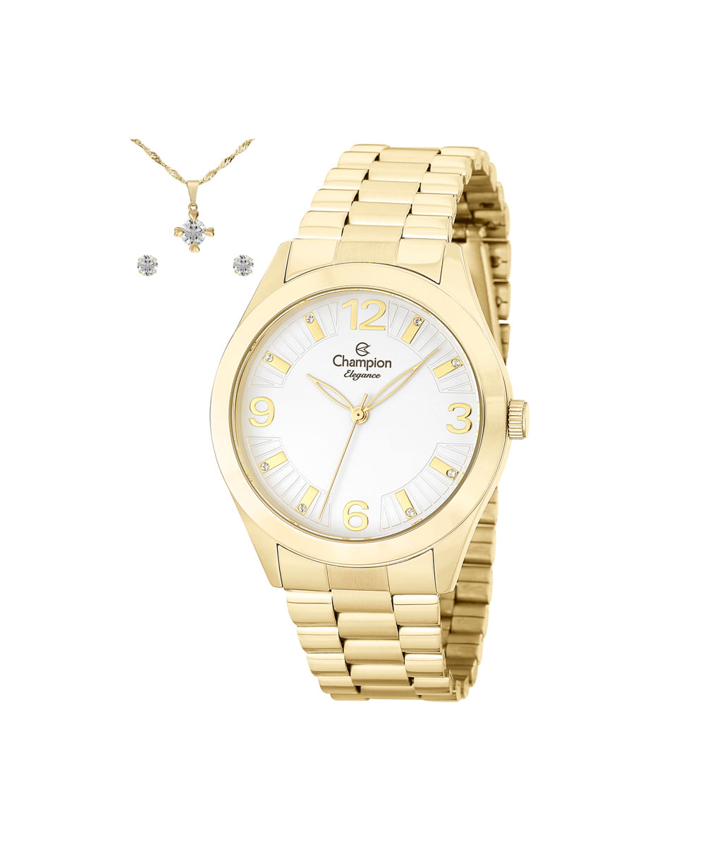 kit relógio feminino champion analógico cn25216w dourado