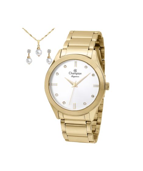 kit relógio feminino champion analógico cn25930w dourado