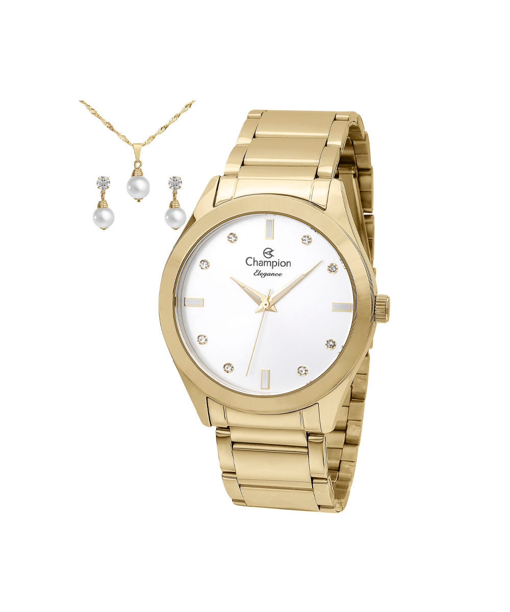 kit relógio feminino champion analógico cn25930w dourado