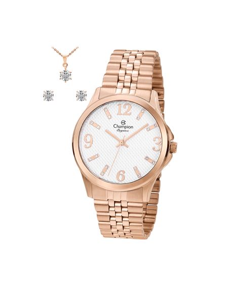 kit relógio feminino champion analógico cn24646e rosa