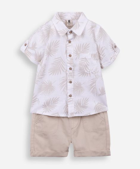 conjunto curto infantil de algodão folhagem off white