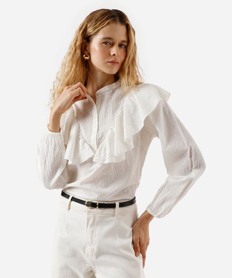 blusa feminina de algodão com babado texturizada off white