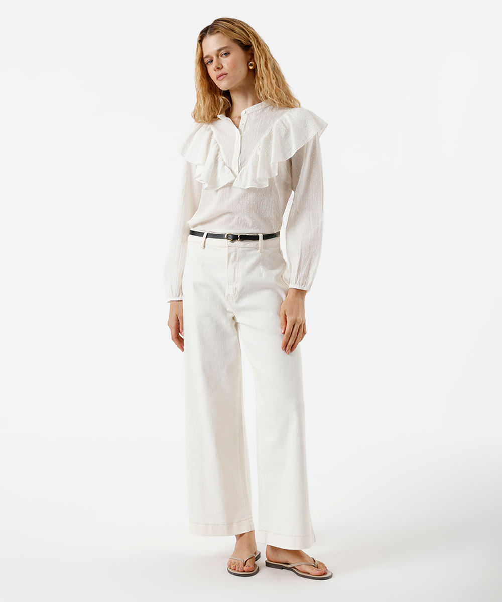 blusa feminina de algodão com babado texturizada off white