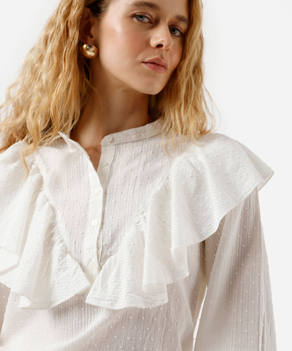 blusa feminina de algodão com babado texturizada off white